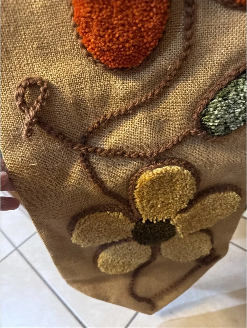 Vintage 1970s Latch Hook Burlap Wall Hanging 13x52 Retro Mod Flower Power MCM